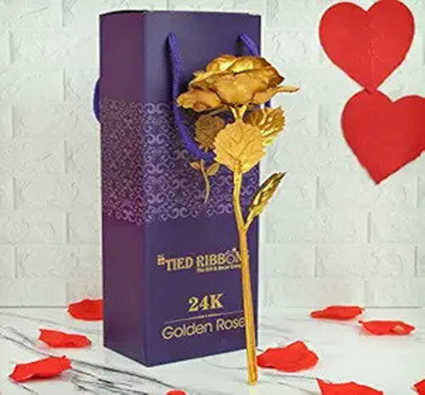 Tied Ribbons 24k Gold Plated Artificial Rose Flower with Box