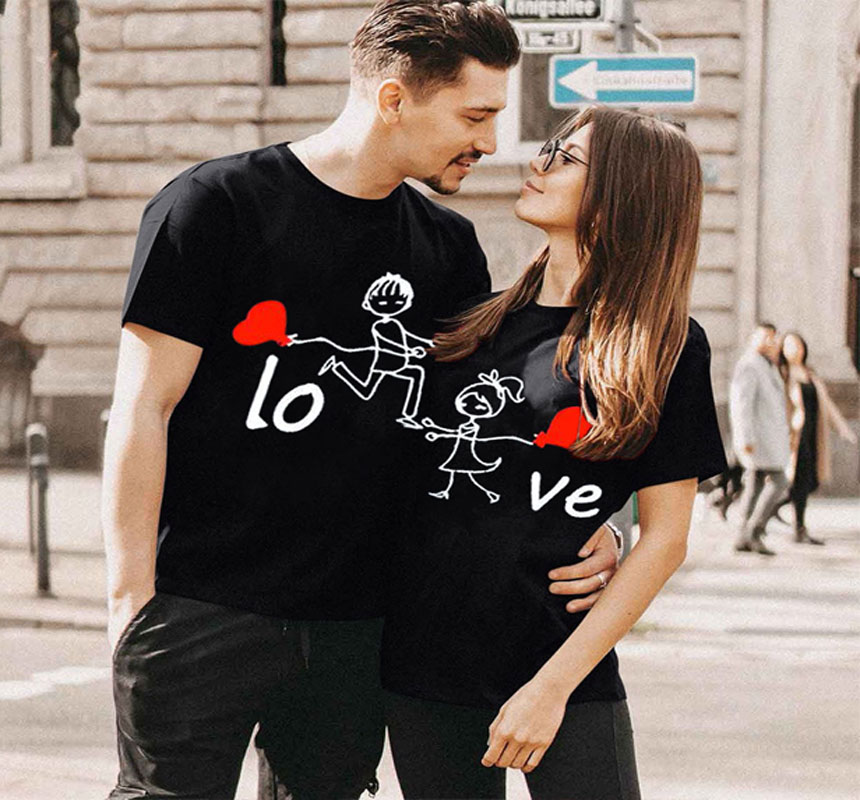 Round Neck Cotton Half Sleeved Feel love together Couple T-Shirts Pack of 2